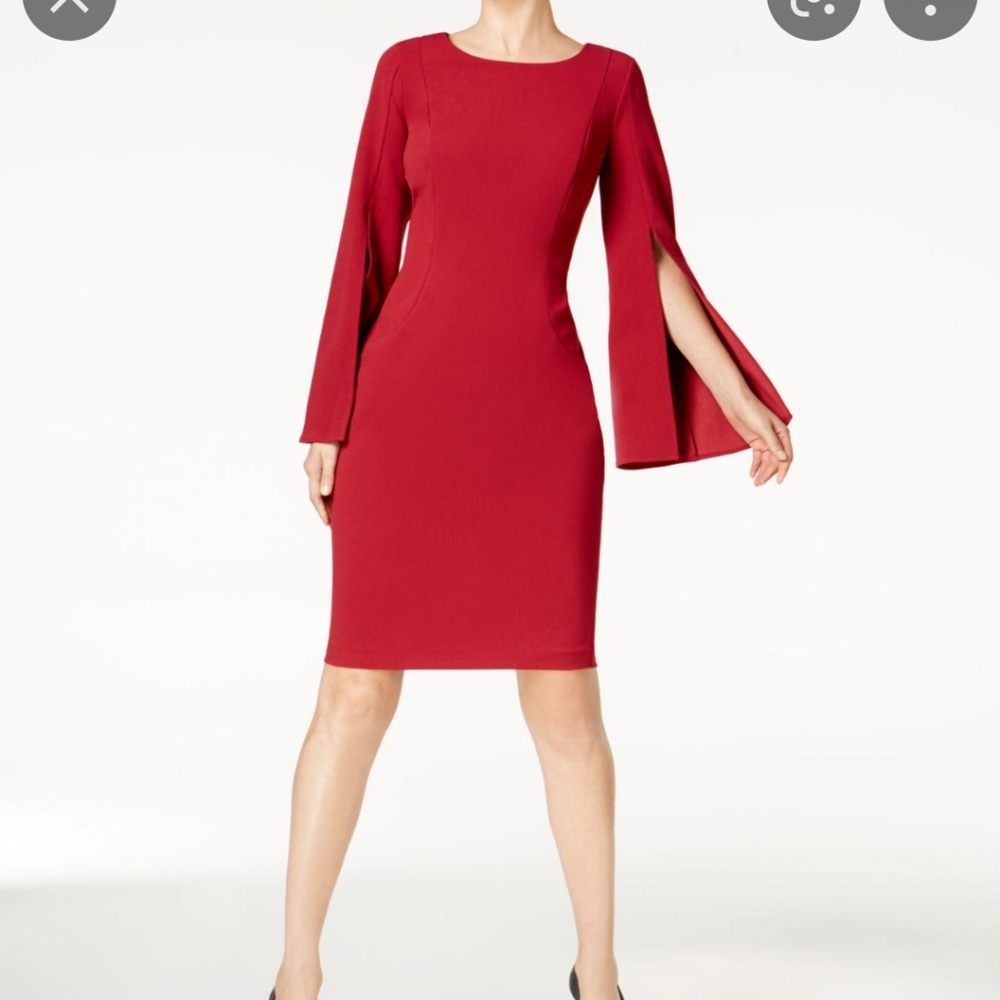 Calvin Klein Red Dress Flare Sleeves Size 2 Zip Back